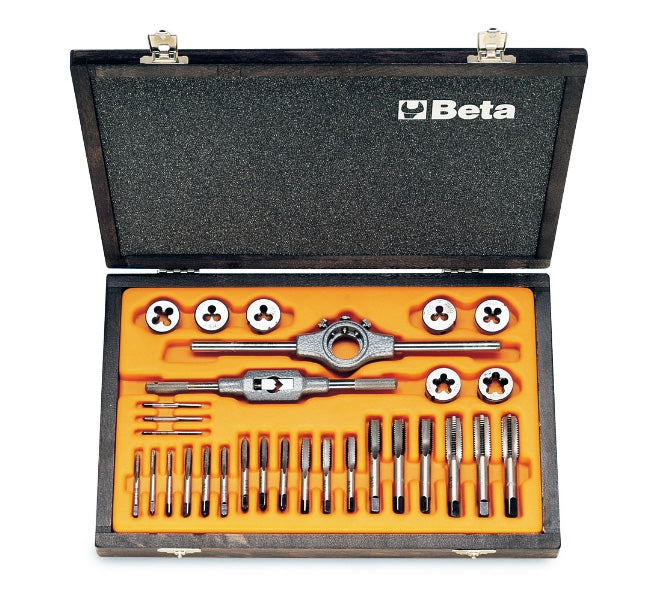 Beta Tools - assortment of chrome-steel taps and dies, metric thread, and accessories in wooden case